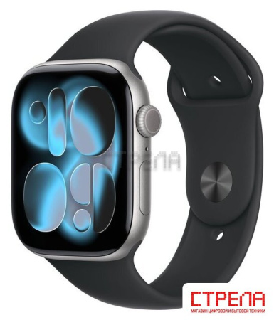 Умные часы Apple Watch Series 11 46 мм (алюминиевый корпус, космический серый/черный, спортивный силиконовый ремешок M/L)