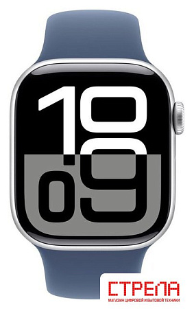 Умные часы Apple Watch Series 10 42 мм (алюминиевый корпус, серебристый/синий, спортивный силиконовый ремешок S/M)