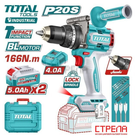 Ударная дрель-шуруповерт Total TIDLI201668 (с 2-мя АКБ, кейс)