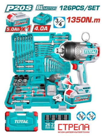 Гайковерт Total THKTHP31262 (с 1-им АКБ, кейс, набор инструментов)