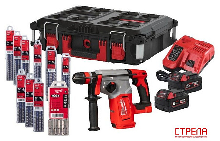 Перфоратор Milwaukee M18 BLHX100P-502P 4933498243 (с 2-мя АКБ, кейс, набор оснастки)