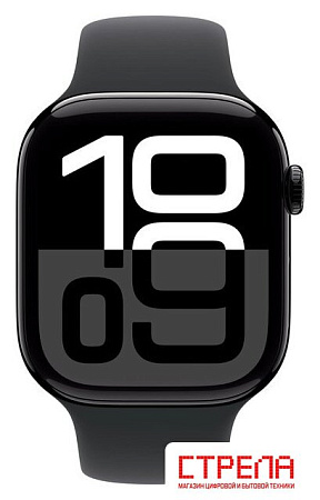 Умные часы Apple Watch Series 10 46 мм (алюминиевый корпус, черный/черный, спортивный силиконовый ремешок M/L)