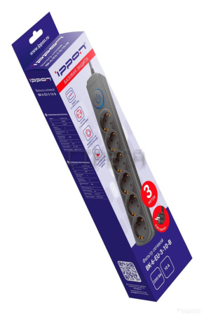 Сетевой фильтр IPPON BK-6-EU-3-10-B (3м, 6 розеток, черный)