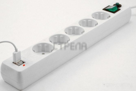 Сетевой фильтр Гарнизон 5 розеток, белый, 1.8 м (ЕНW-6-USB)