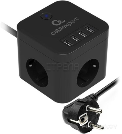 Сетевой фильтр Cablexpert CUBE-3-U4-B-1.5 Черный