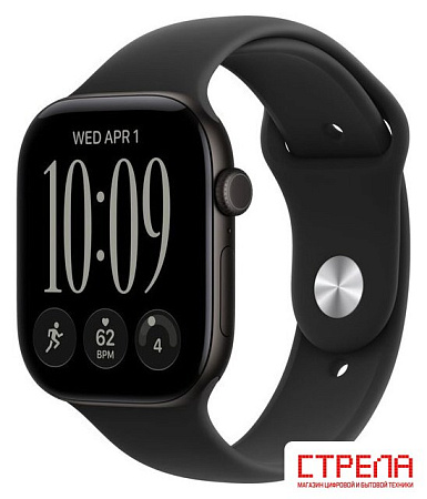 Умные часы Apple Watch Series 12 46 мм (алюминиевый корпус, черный/черный, спортивный силиконовый ремешок S/M)