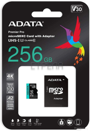 Карта памяти A-Data Premier Pro AUSDX256GUI3V30SA2-RA1 microSDXC 256GB (с адаптером)