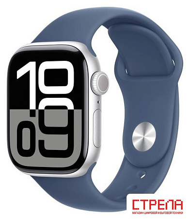 Умные часы Apple Watch Series 10 42 мм (алюминиевый корпус, серебристый/синий, спортивный силиконовый ремешок S/M)