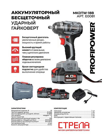 Гайковерт Profipower MKDTW-18B E0081 (с 2-мя АКБ, кейс)