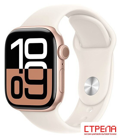 Умные часы Apple Watch Series 10 42 мм (алюминиевый корпус, розовое золото/звездный свет, спортивный силиконовый ремешок M/L)